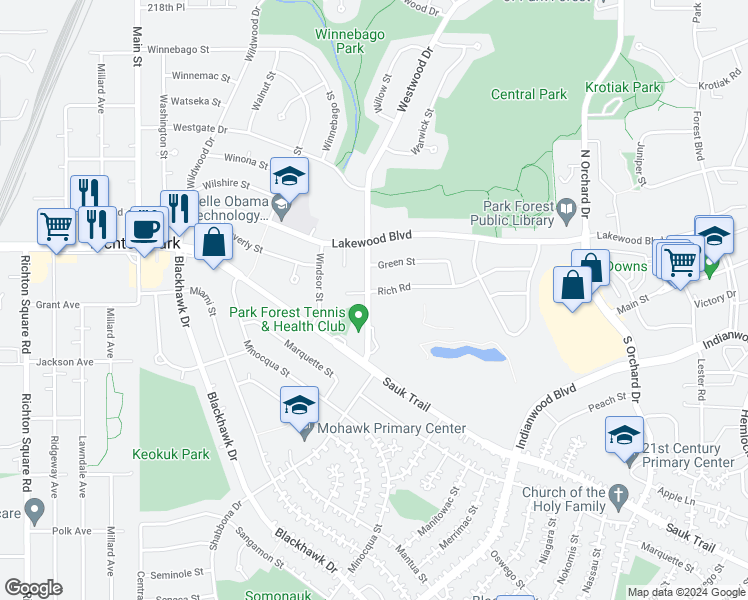 map of restaurants, bars, coffee shops, grocery stores, and more near 289 Westwood Drive in Park Forest