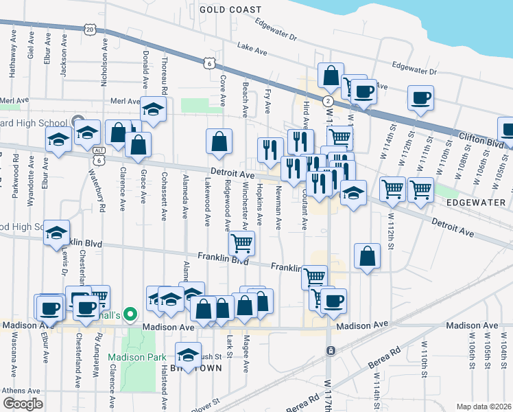 map of restaurants, bars, coffee shops, grocery stores, and more near 1457 Winchester Avenue in Lakewood