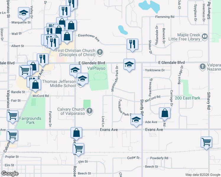 map of restaurants, bars, coffee shops, grocery stores, and more near 1509 Monticello Park Drive in Valparaiso