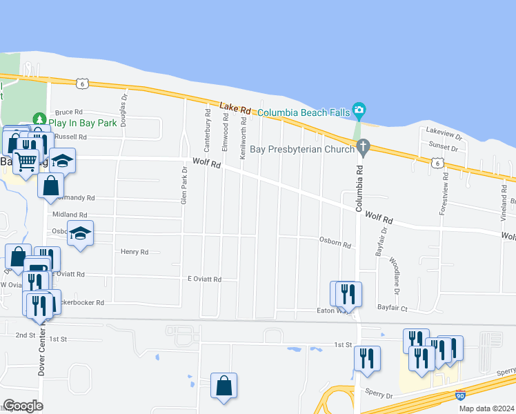 map of restaurants, bars, coffee shops, grocery stores, and more near Parkside Drive in Bay Village