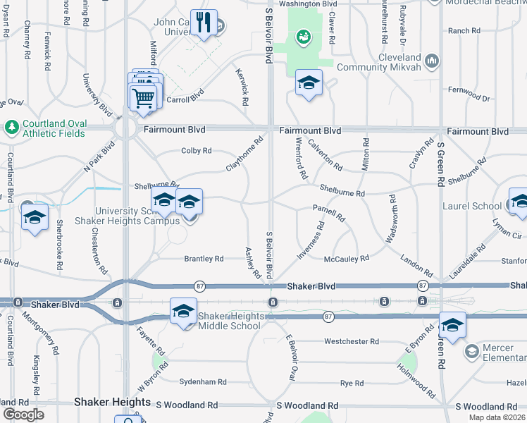 map of restaurants, bars, coffee shops, grocery stores, and more near 21550 Shelburne Road in Shaker Heights