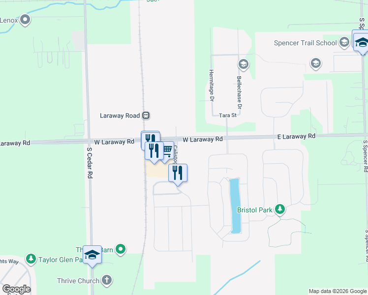 map of restaurants, bars, coffee shops, grocery stores, and more near 570 East Laraway Road in New Lenox