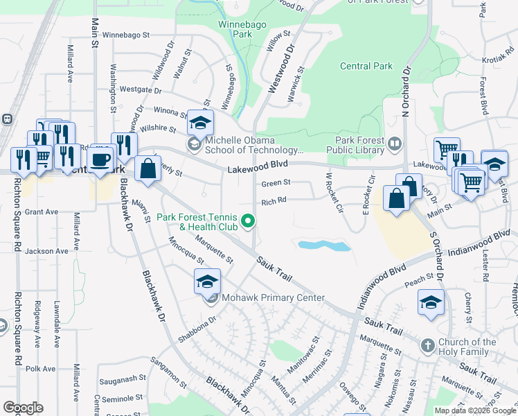 map of restaurants, bars, coffee shops, grocery stores, and more near 289 Westwood Drive in Park Forest