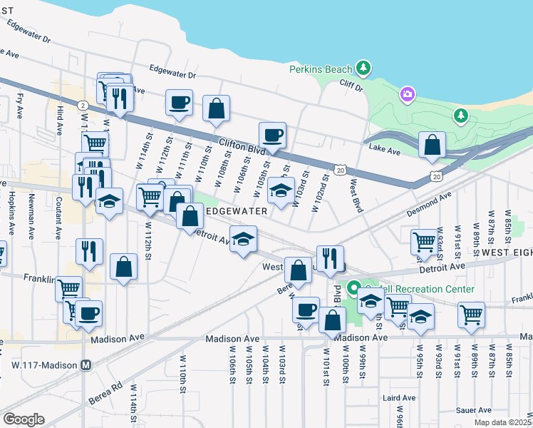 map of restaurants, bars, coffee shops, grocery stores, and more near 1340 West 104th Street in Cleveland