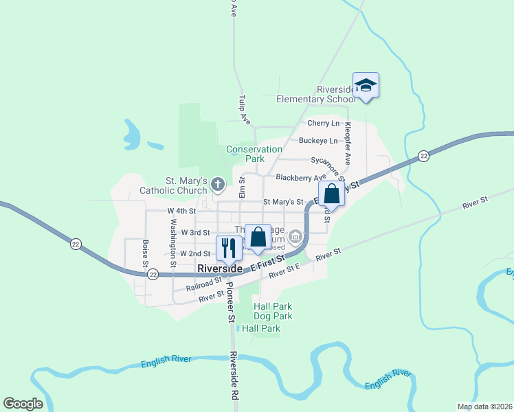 map of restaurants, bars, coffee shops, grocery stores, and more near 141 East 4th Street in Riverside