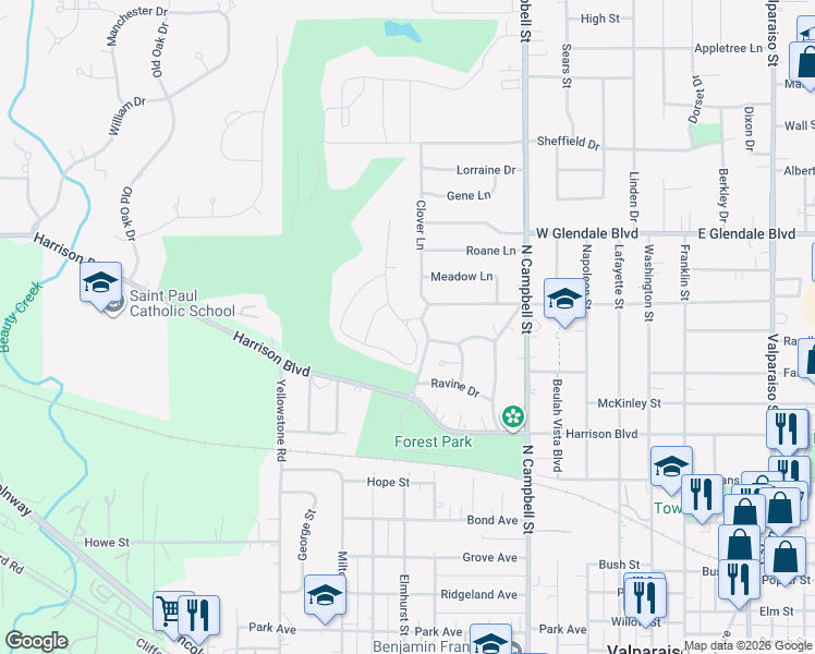 map of restaurants, bars, coffee shops, grocery stores, and more near 1260 Del Vista Dr in Valparaiso