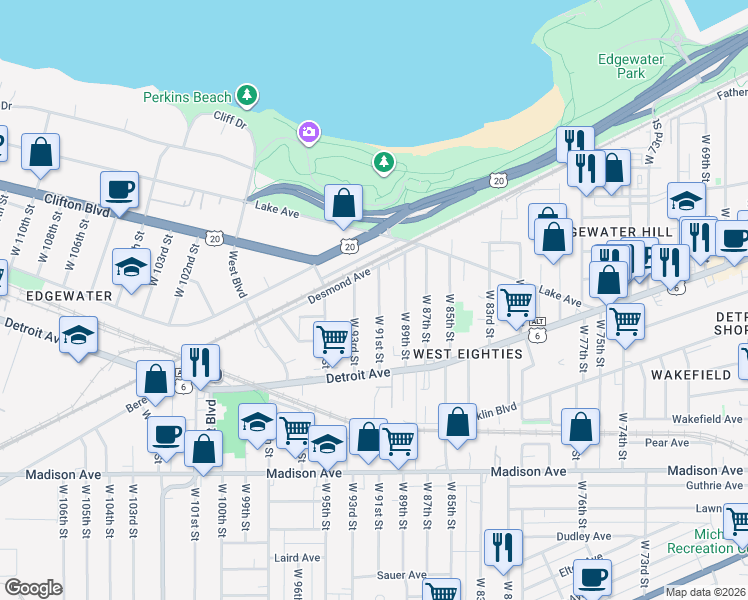 map of restaurants, bars, coffee shops, grocery stores, and more near 1316 West 91st Street in Cleveland