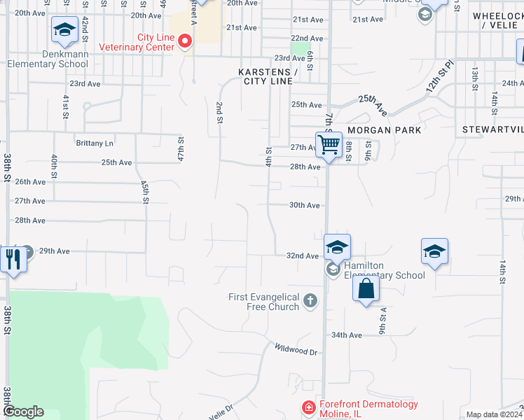 map of restaurants, bars, coffee shops, grocery stores, and more near 310 30th Avenue Court in Moline
