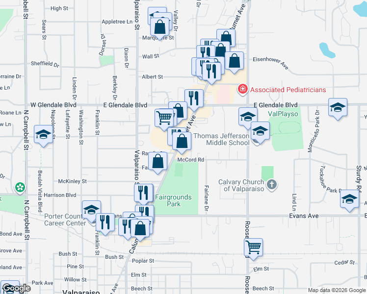 map of restaurants, bars, coffee shops, grocery stores, and more near 1508 Calumet Avenue in Valparaiso