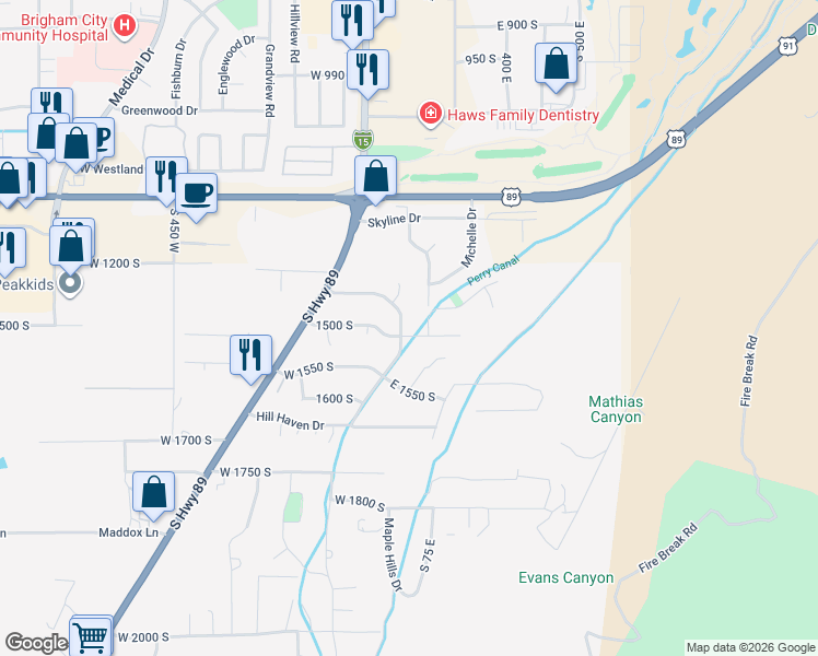 map of restaurants, bars, coffee shops, grocery stores, and more near 39 East 1500 South in Perry