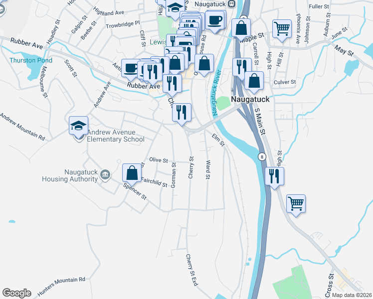map of restaurants, bars, coffee shops, grocery stores, and more near 161 Cherry Street in Naugatuck