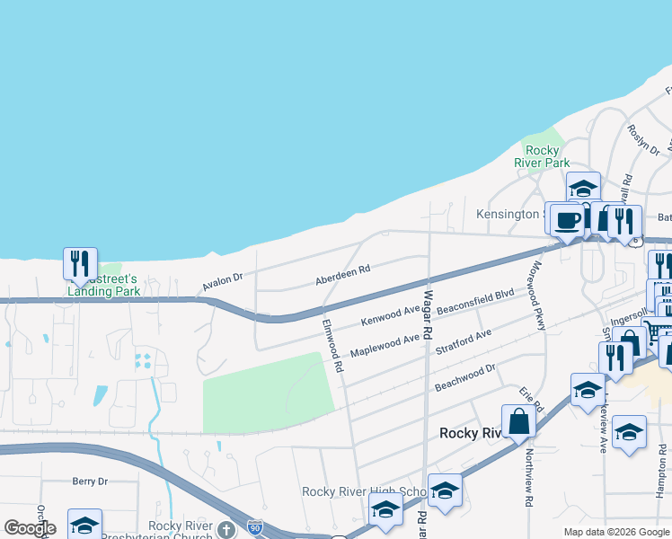 map of restaurants, bars, coffee shops, grocery stores, and more near 282 Elmwood Road in Rocky River