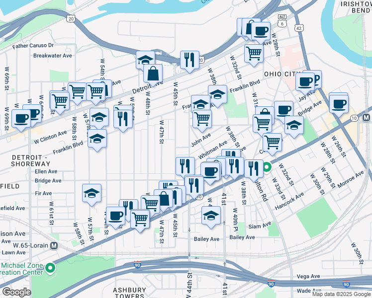 map of restaurants, bars, coffee shops, grocery stores, and more near 1878 West 44th Street in Cleveland