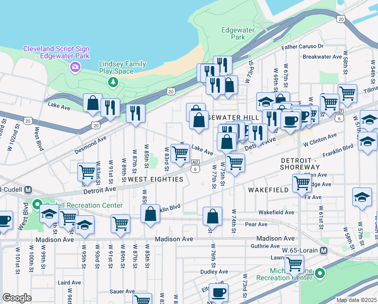 map of restaurants, bars, coffee shops, grocery stores, and more near 7903 Lake Avenue in Cleveland
