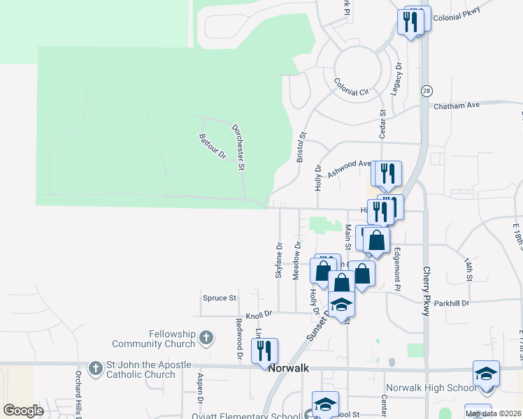 map of restaurants, bars, coffee shops, grocery stores, and more near 418 West High Road in Norwalk