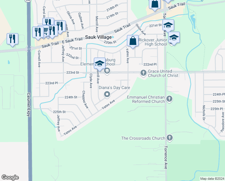 map of restaurants, bars, coffee shops, grocery stores, and more near 22406 Strassburg Avenue in Sauk Village