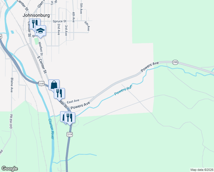 map of restaurants, bars, coffee shops, grocery stores, and more near 231 Powers Avenue in Johnsonburg