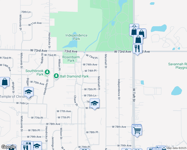map of restaurants, bars, coffee shops, grocery stores, and more near 2920 W 74th Ln in Merrillville