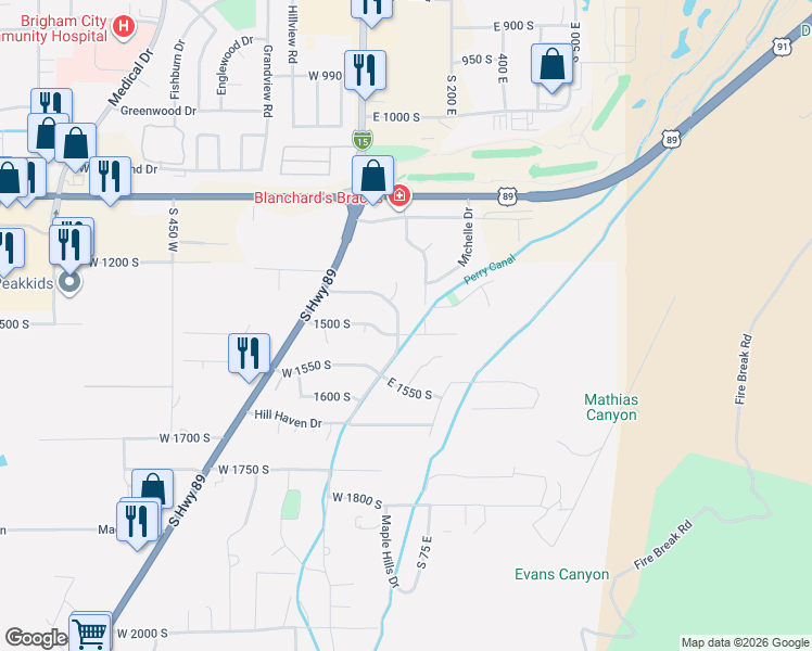 map of restaurants, bars, coffee shops, grocery stores, and more near 39 East 1500 South in Perry