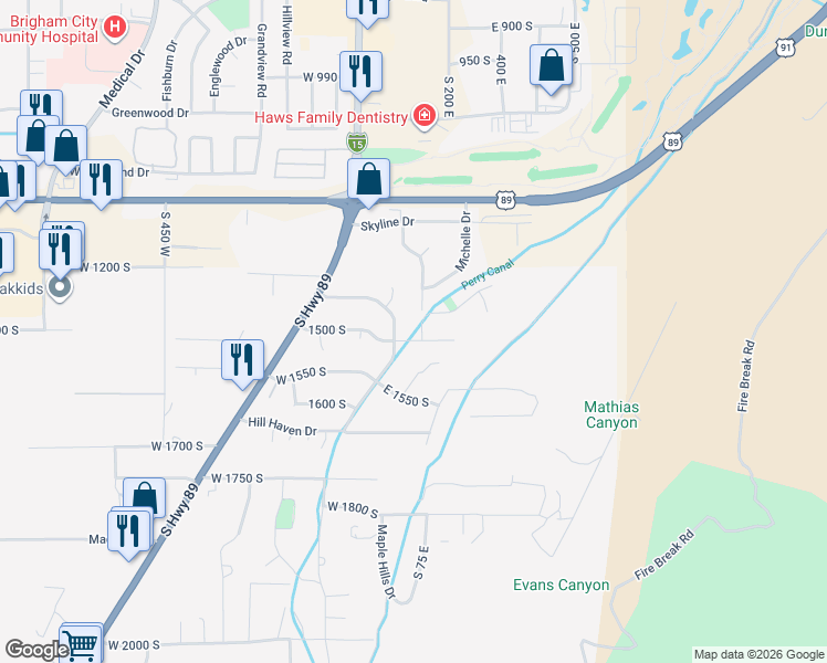 map of restaurants, bars, coffee shops, grocery stores, and more near 61 East 1500 South in Perry