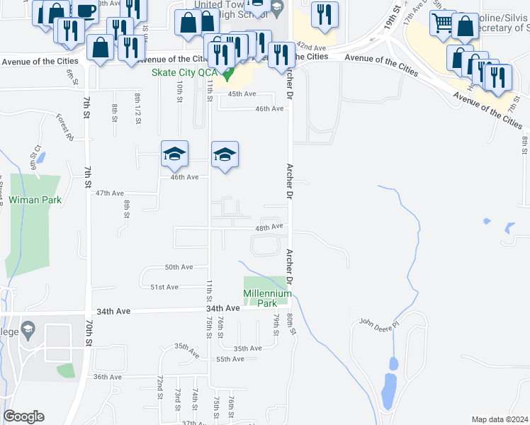 map of restaurants, bars, coffee shops, grocery stores, and more near 1214 47th Ave Ct in East Moline
