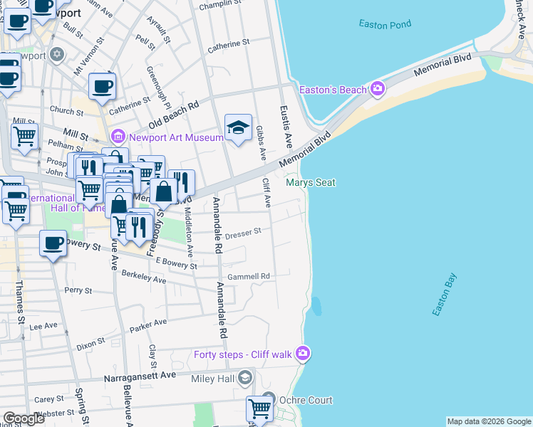 map of restaurants, bars, coffee shops, grocery stores, and more near 18 Cliff Avenue in Newport
