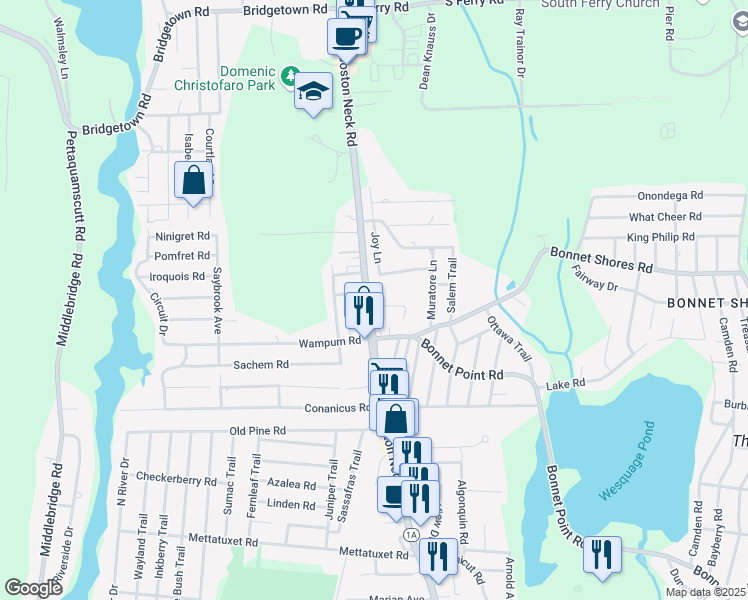 map of restaurants, bars, coffee shops, grocery stores, and more near 1035 Boston Neck Road in Narragansett