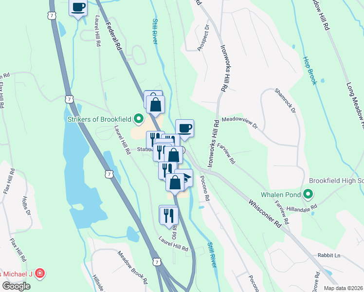 map of restaurants, bars, coffee shops, grocery stores, and more near 281 Whisconier Road in Brookfield