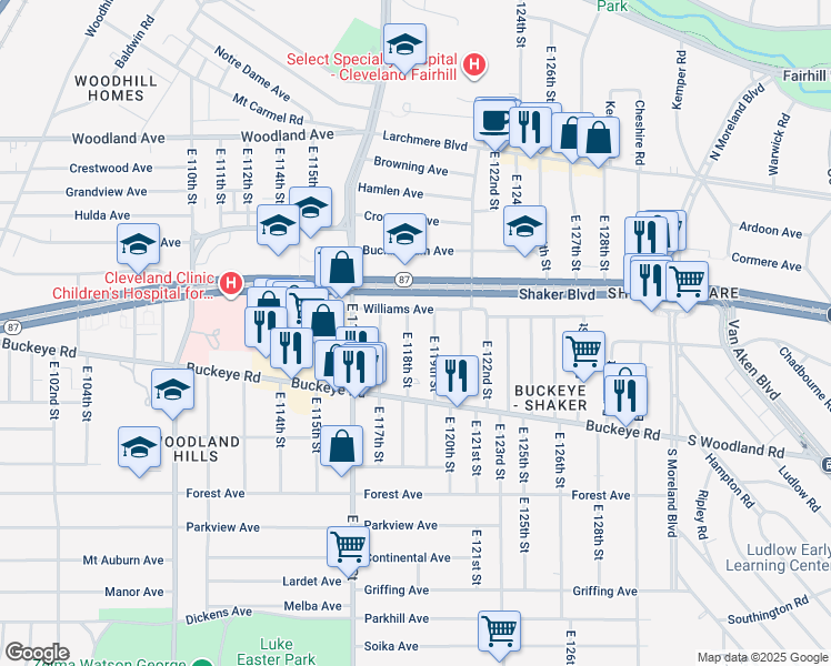 map of restaurants, bars, coffee shops, grocery stores, and more near 2798 East 119th Street in Cleveland