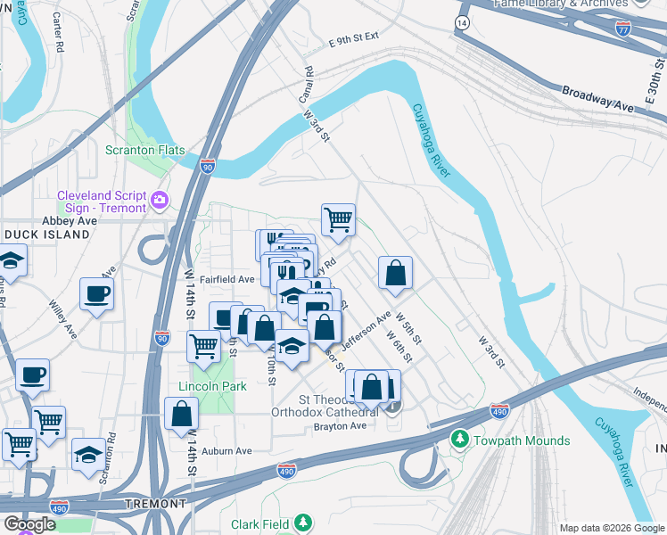 map of restaurants, bars, coffee shops, grocery stores, and more near 2277 West 6th Street in Cleveland