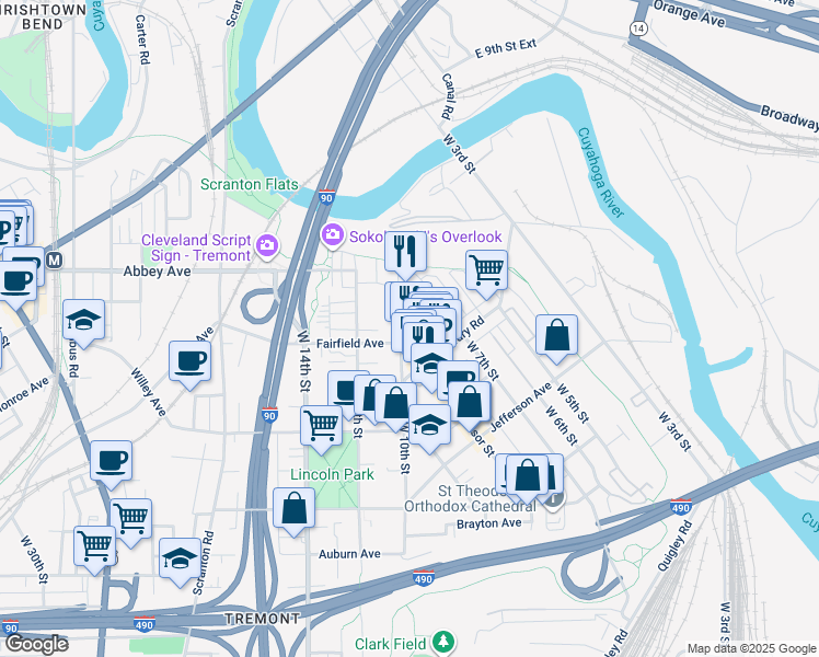 map of restaurants, bars, coffee shops, grocery stores, and more near 2176 Thurman Avenue in Cleveland