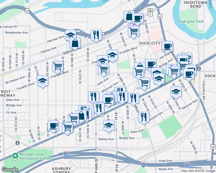 map of restaurants, bars, coffee shops, grocery stores, and more near 4005 Whitman Avenue in Cleveland