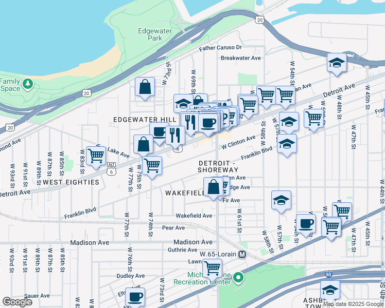 map of restaurants, bars, coffee shops, grocery stores, and more near 6715 West Clinton Avenue in Cleveland