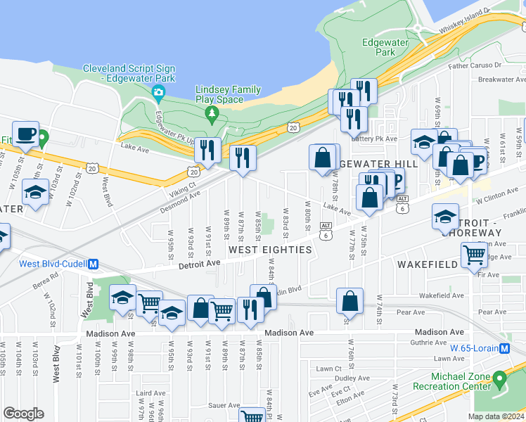 map of restaurants, bars, coffee shops, grocery stores, and more near 1325 West 85th Street in Cleveland
