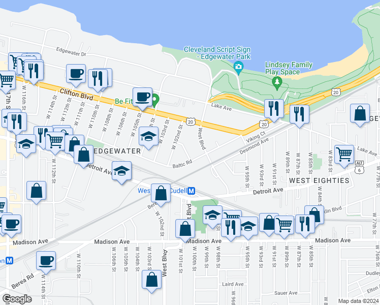 map of restaurants, bars, coffee shops, grocery stores, and more near 10020 Baltic Road in Cleveland