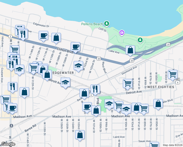 map of restaurants, bars, coffee shops, grocery stores, and more near 1329 West 102nd Street in Cleveland
