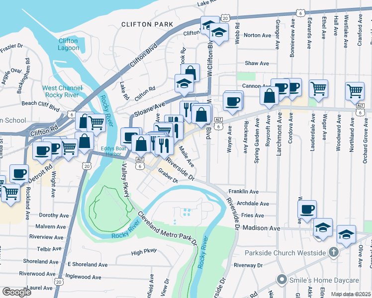 map of restaurants, bars, coffee shops, grocery stores, and more near in Lakewood
