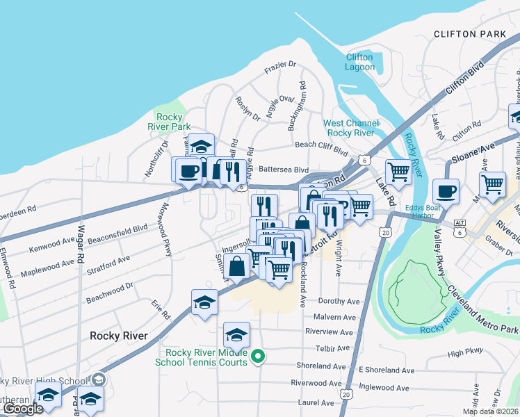 map of restaurants, bars, coffee shops, grocery stores, and more near 539 Beachcliff Row Drive in Rocky River