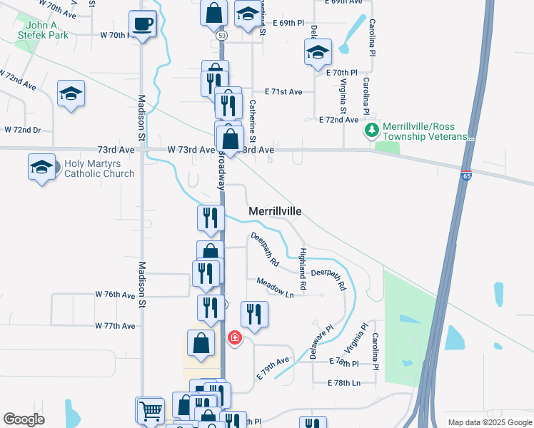 map of restaurants, bars, coffee shops, grocery stores, and more near in Merrillville