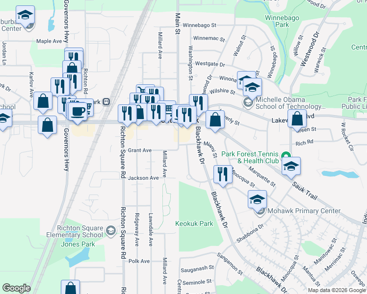 map of restaurants, bars, coffee shops, grocery stores, and more near 22403 Millard Avenue in Richton Park