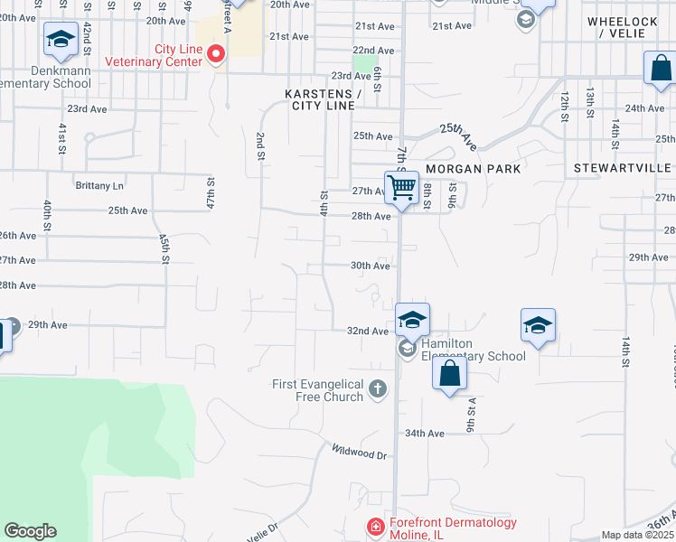 map of restaurants, bars, coffee shops, grocery stores, and more near 418-420 30th Avenue in Moline