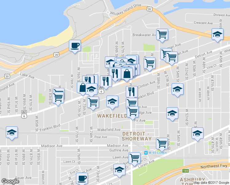 map of restaurants, bars, coffee shops, grocery stores, and more near 6810 West Clinton Avenue in Cleveland