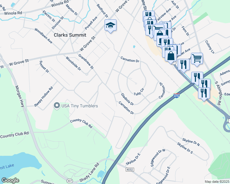 map of restaurants, bars, coffee shops, grocery stores, and more near Lewis Ln in Clarks Summit