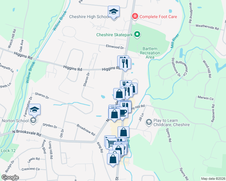 map of restaurants, bars, coffee shops, grocery stores, and more near 721 South Main Street in Cheshire