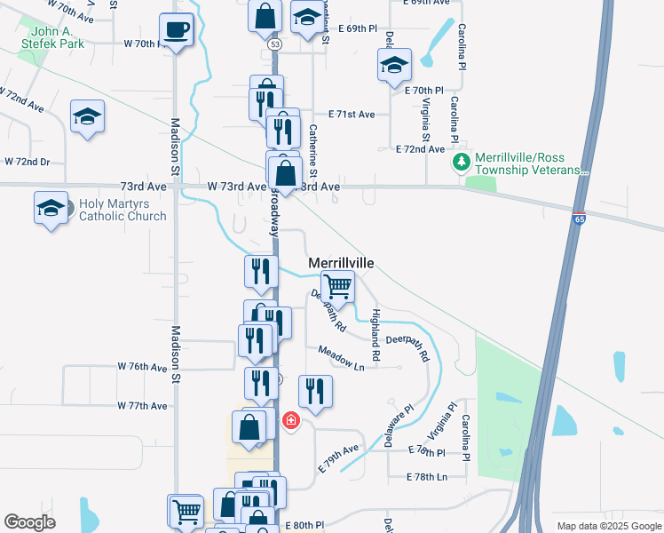 map of restaurants, bars, coffee shops, grocery stores, and more near in Merrillville