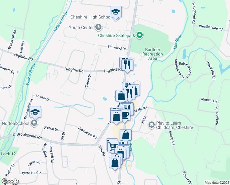 map of restaurants, bars, coffee shops, grocery stores, and more near 721 South Main Street in Cheshire
