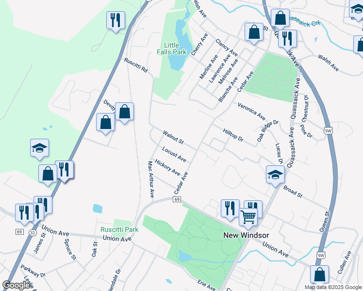 map of restaurants, bars, coffee shops, grocery stores, and more near 9 Walnut Street in New Windsor