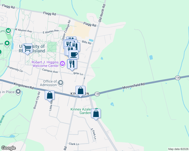 map of restaurants, bars, coffee shops, grocery stores, and more near 40 Timber Meadow Lane in South Kingstown