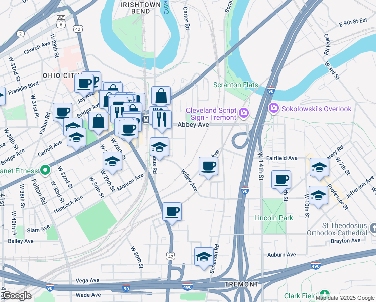 map of restaurants, bars, coffee shops, grocery stores, and more near 2295 West 19th Street in Cleveland