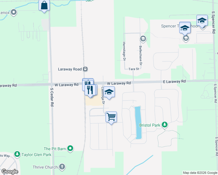 map of restaurants, bars, coffee shops, grocery stores, and more near 570 West Laraway Road in New Lenox
